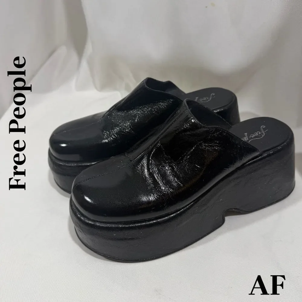 Free People Disco Dawn Patent Black Platform Mules Size 40 New no box